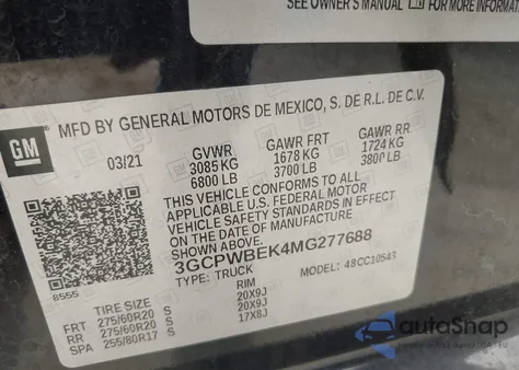 2021 Chevrolet Silverado 1500 2Wd Short Bed Custom z USA, uszkodzony, nr VIN 3GCPWBEK4MG277688